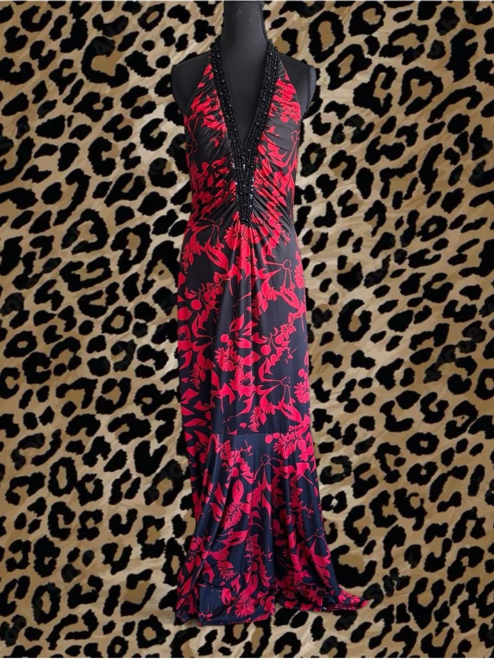 Vintage Black & Red Floral Halter Maxi Dress